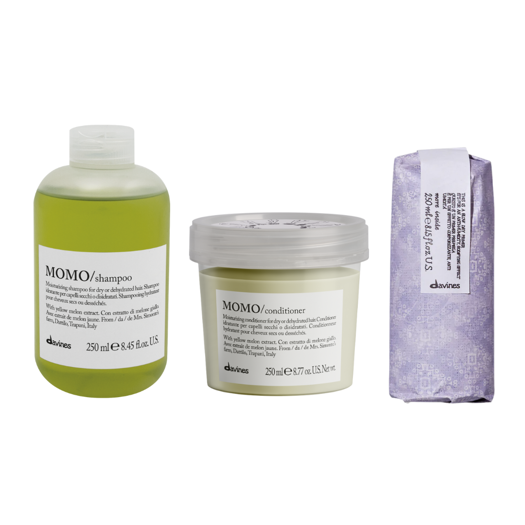 Davines MOMO Shampoo + Conditioner + Blow Dry Primer Trio | Lightweight Hydration & Heat Protection