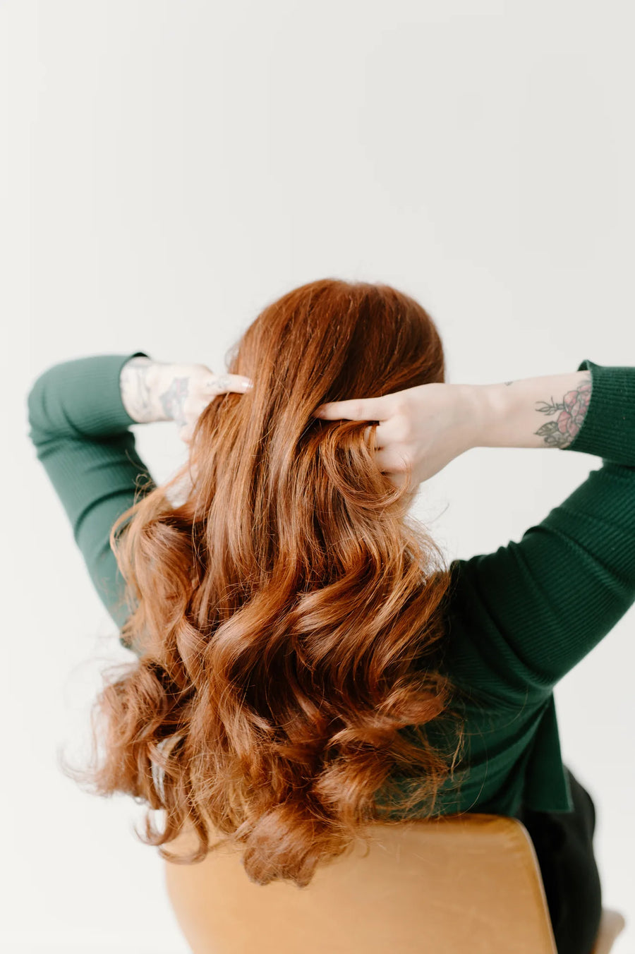 Moda Salon red hair waves, back view