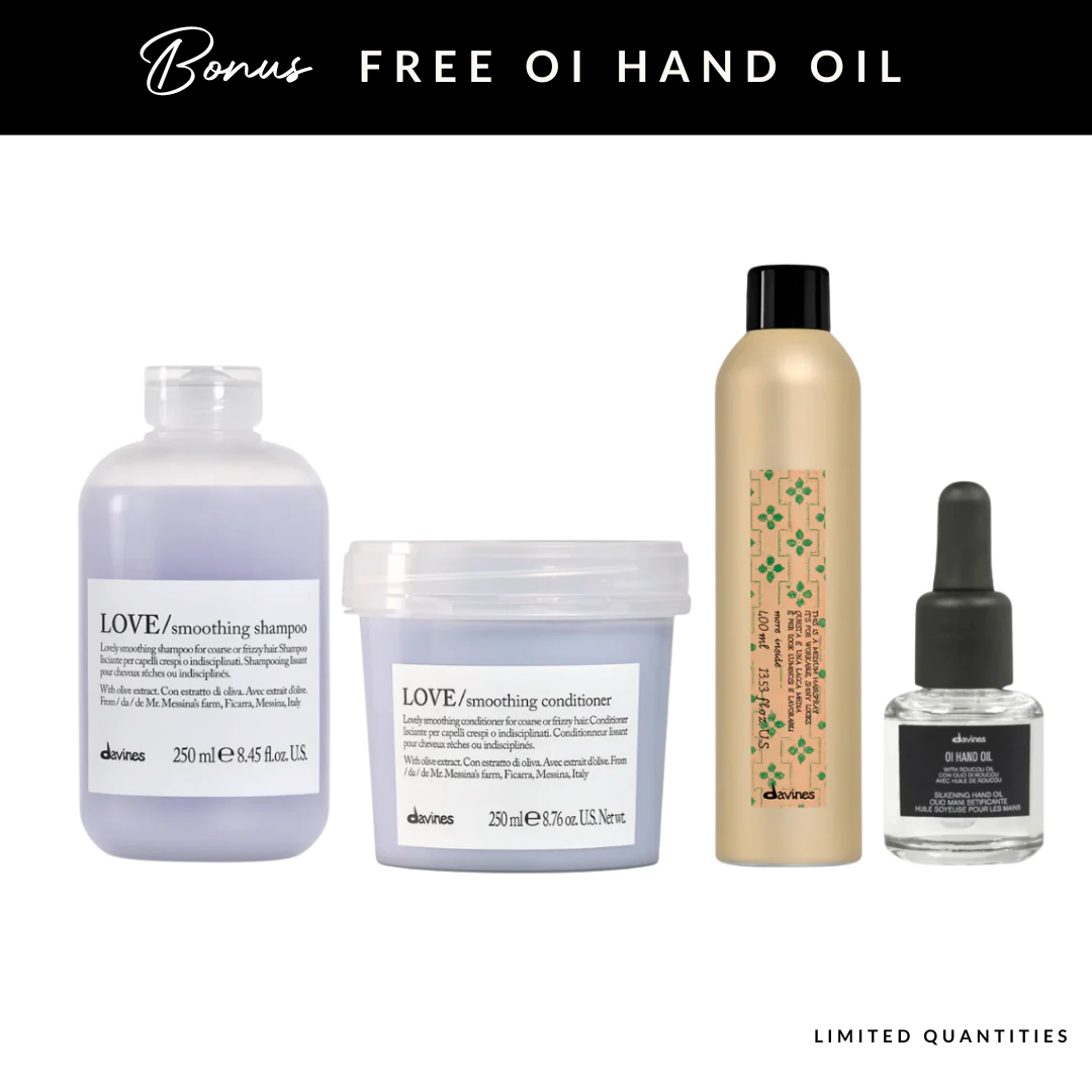 DAVINES LOVE Smooth + Shine Set | Frizz Control, Soft Hold, Hand Care