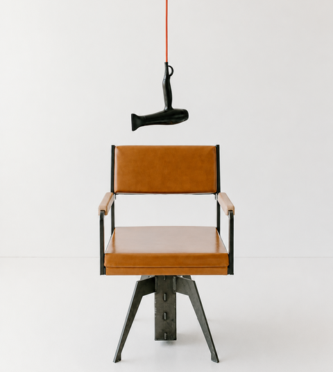 Brown leather chair with metal legs hanging by a noose on a white background