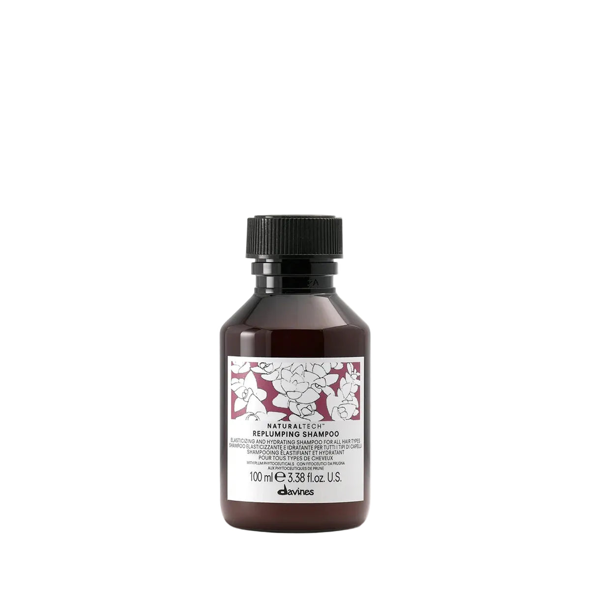 Shampoo bottle with a label on a white background
