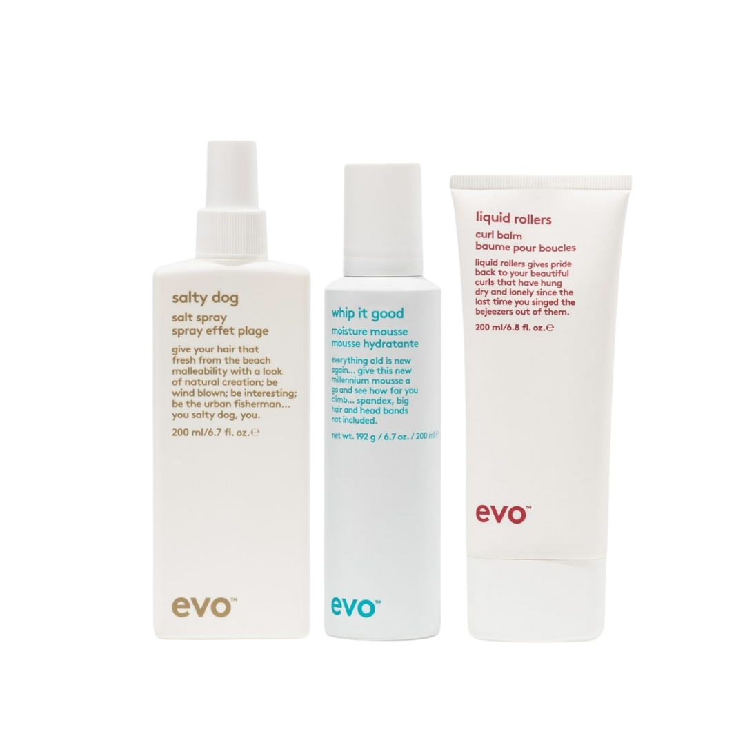 Evo Cue the Curls- Whip it Good, Salty Dog Spray, Liquid Rollers