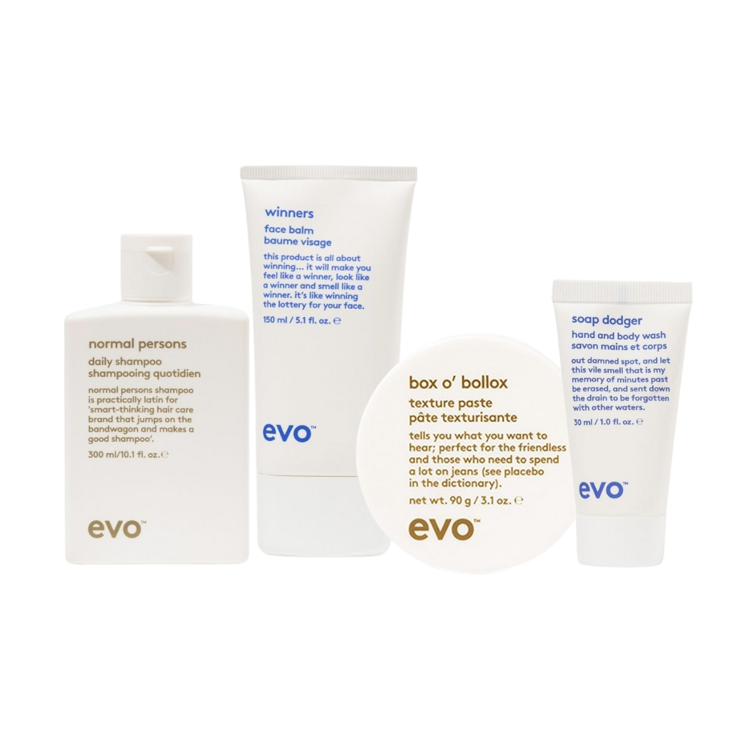 Evo The Crusaders- Normal Persons Shampoo , Box O’ Bollox ,Winners Face Balm,Soap Dodger Hand & Body Wash Mini