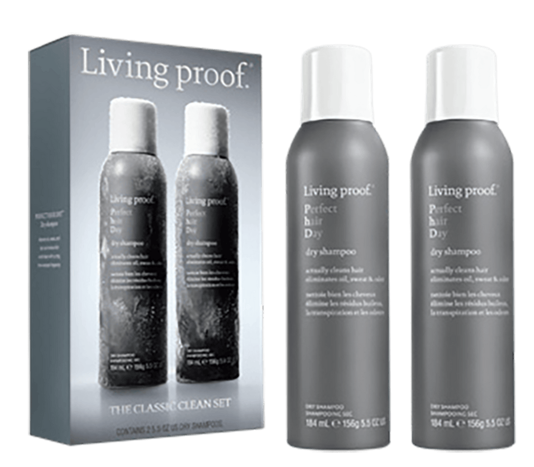 Living Proof The Classic Clean Set Holiday 2026 — two full-size Perfect Hair Day Dry Shampoos