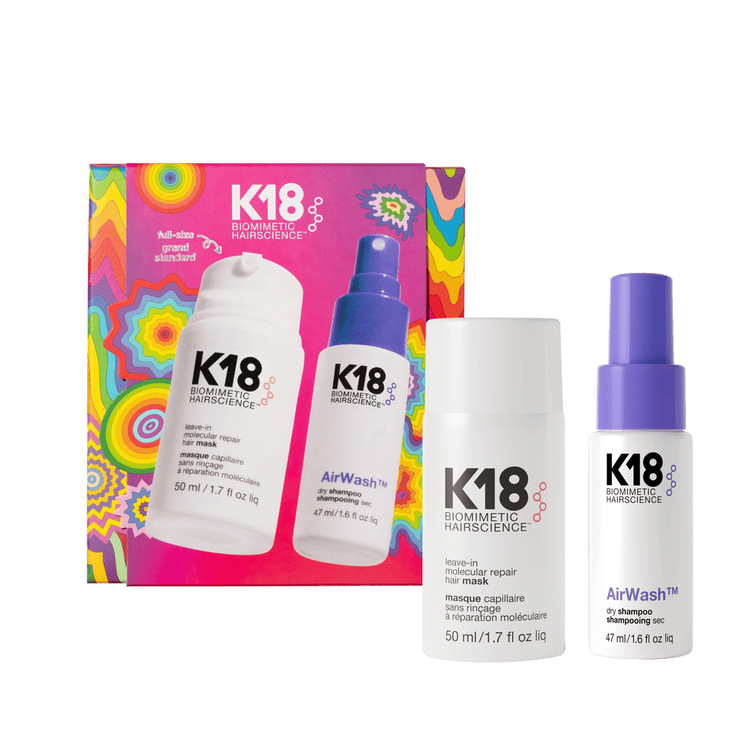 K18 So Strong and Clean Holiday 2026 gift set — Leave-In Molecular Repair Hair Mask 50 ml and AirWash Dry Shampoo 47 ml