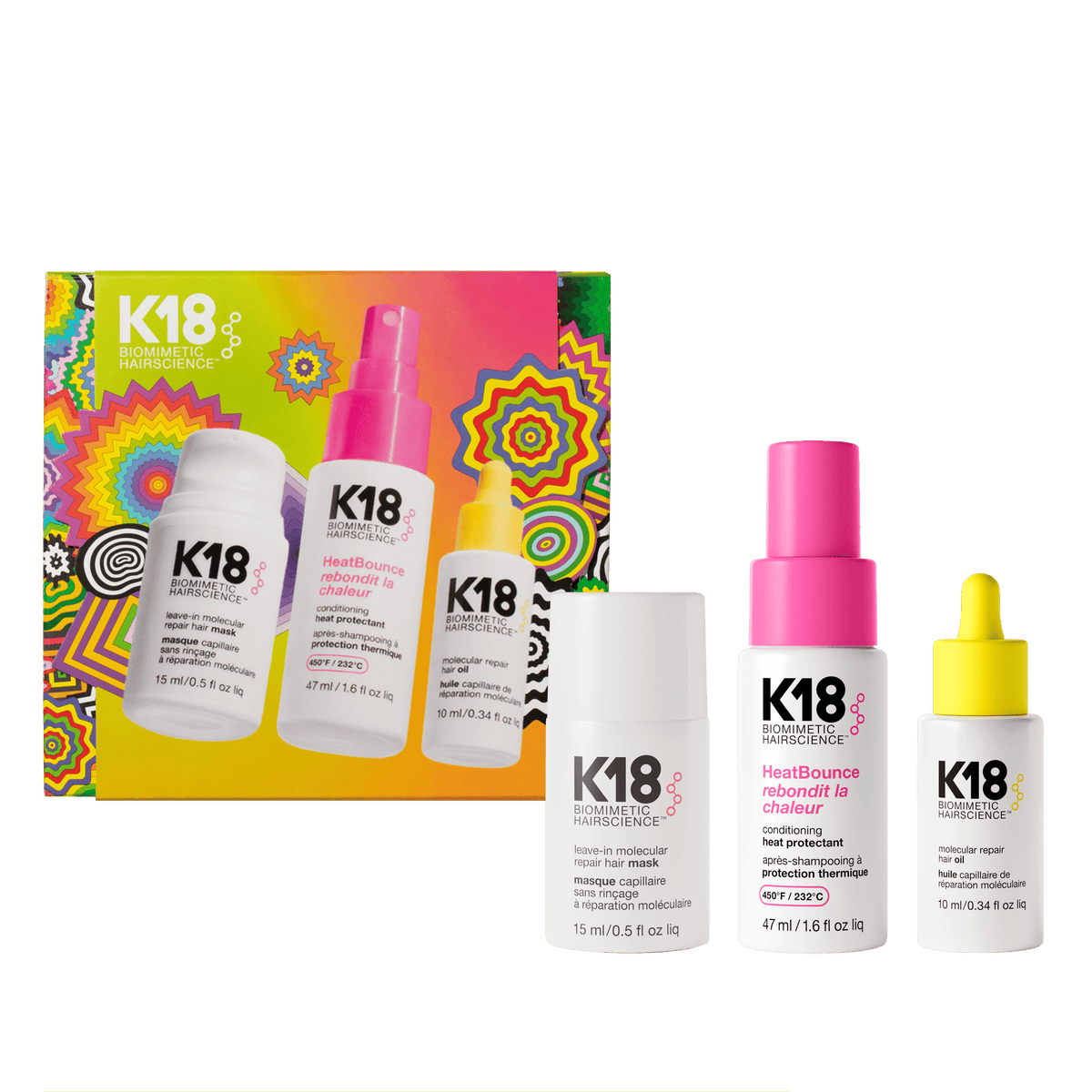 K18 Style Without Limits Holiday 2026 gift set — Leave-In Molecular Repair Hair Mask 15 ml, HeatBounce Heat Protectant 47 ml and Molecular Repair Hair Oil 10 ml