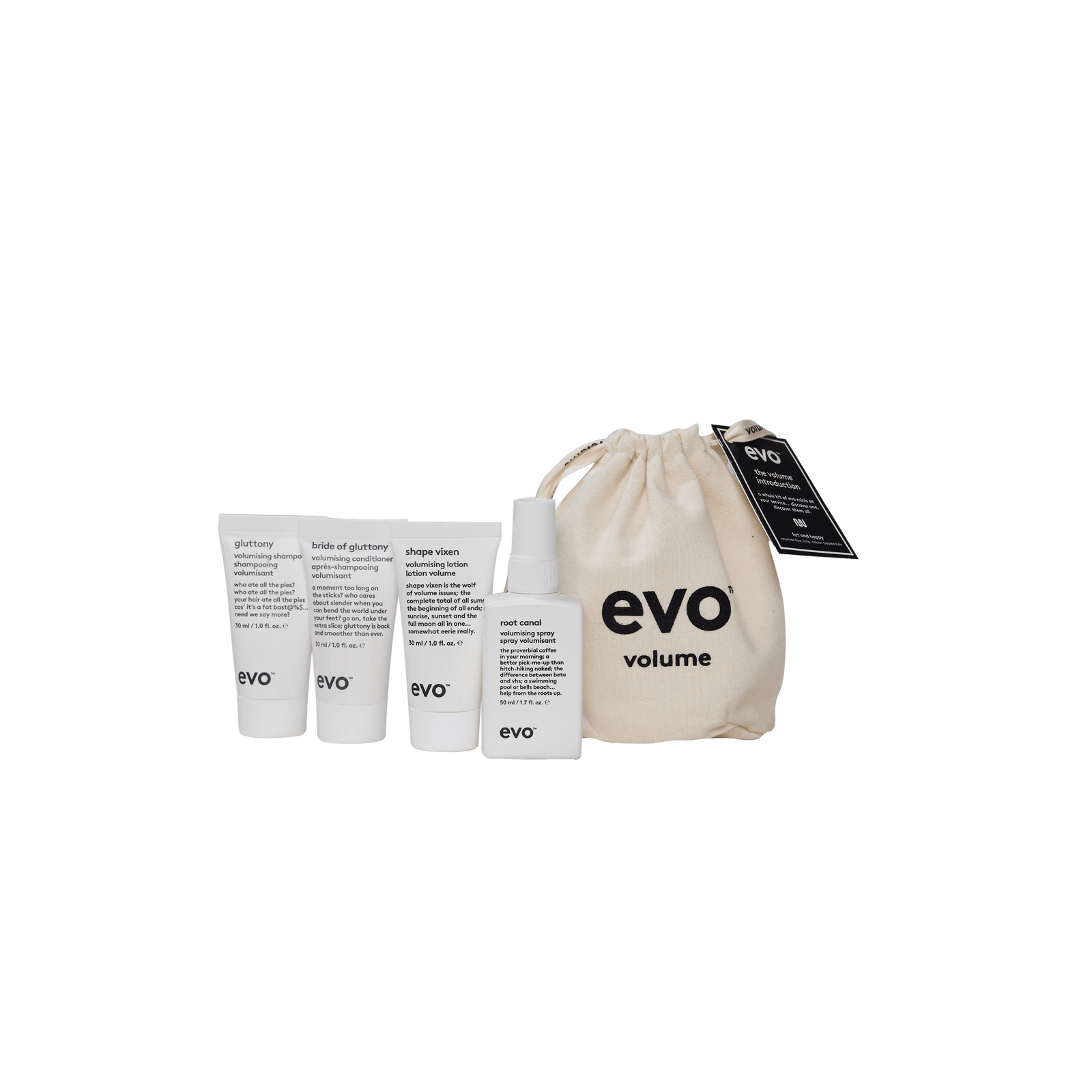 EVO Mane Introduction Volume Travel Pack Holiday 2026 — Gluttony Shampoo, Bride of Gluttony Conditioner, Root Canal Spray and Shape Vixen Lotion minis