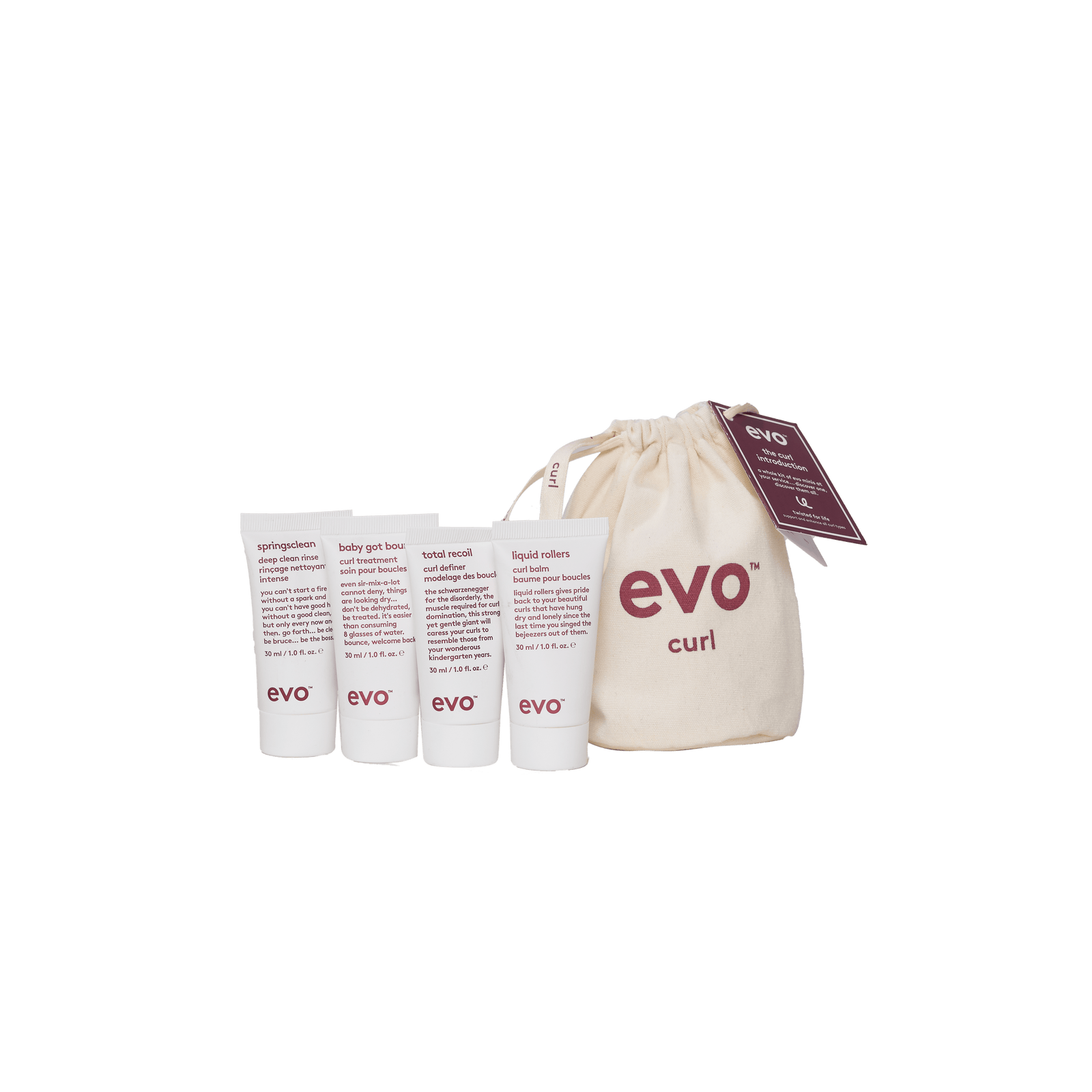 EVO Mane Introduction Curl Travel Pack Holiday 2026 — Springsclean Deep Clean Rinse, Baby Got Bounce Curl Treatment, Total Recoil Curl Definer and Liquid Rollers Curl Balm minis