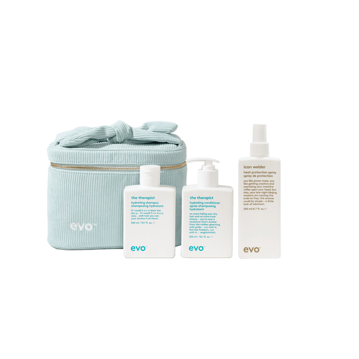 EVO The Vanity Hydrate Holiday 2026 gift set — The Therapist Hydrating Shampoo, Conditioner and Icon Welder Heat Protection Spray