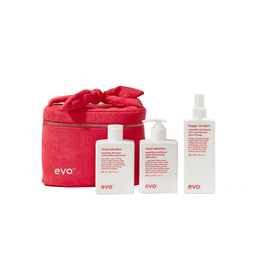 EVO The Vanity Repair Holiday 2026 gift set — Ritual Salvation Repairing Shampoo, Conditioner and Happy Campers Wearable Treatment
