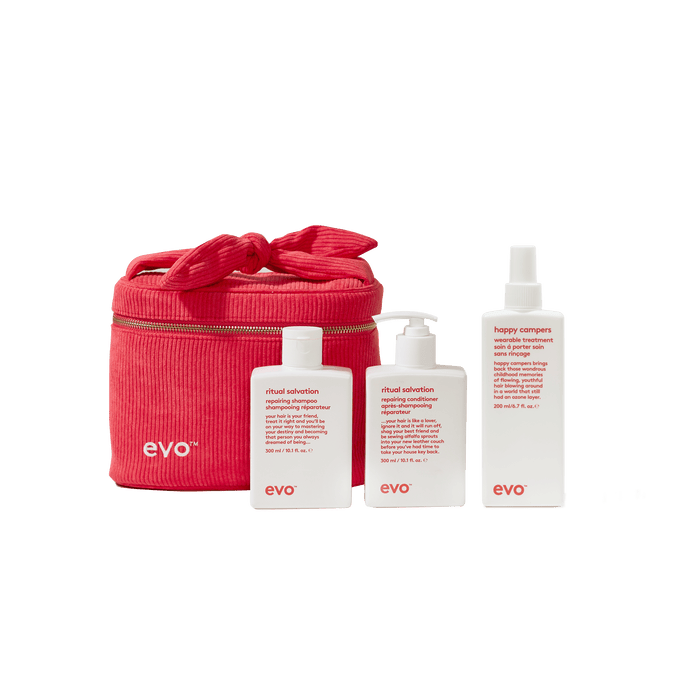 EVO The Vanity Repair Holiday 2026 gift set — Ritual Salvation Repairing Shampoo, Conditioner and Happy Campers Wearable Treatment