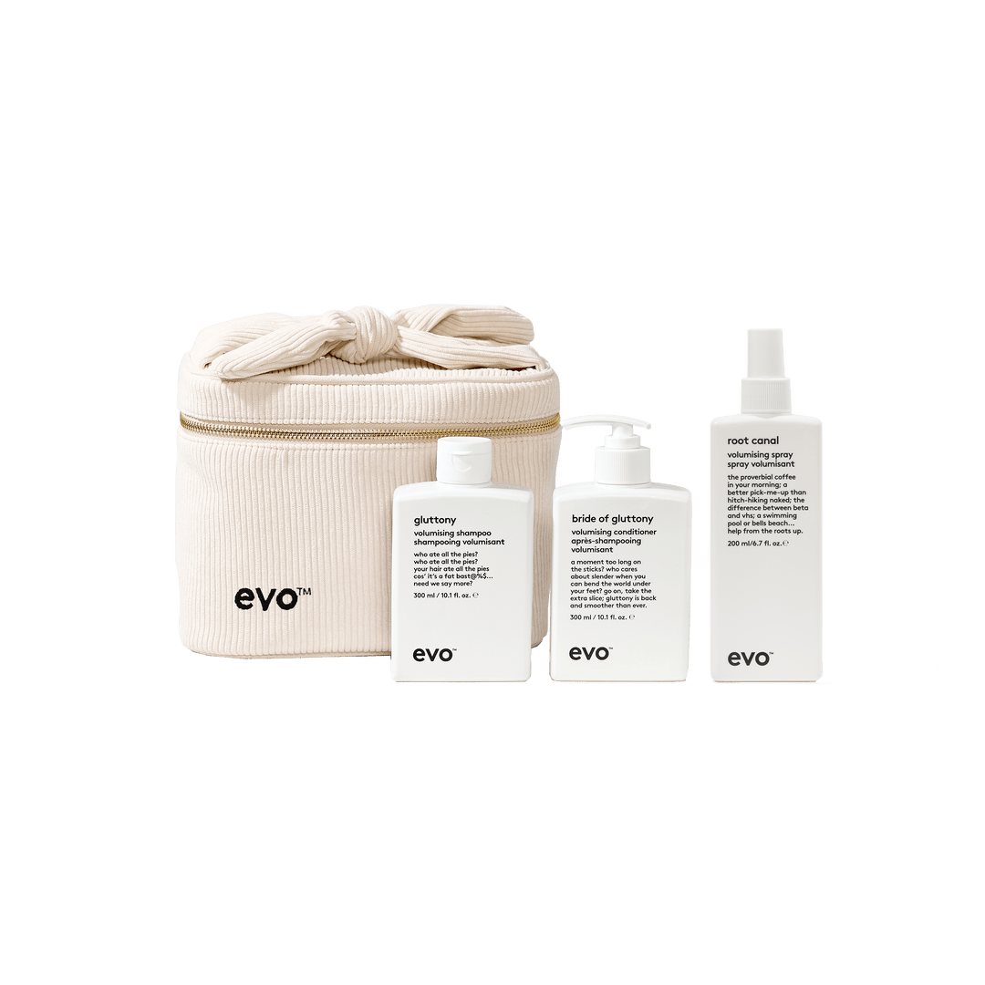EVO The Vanity Volume Holiday 2026 gift set — Gluttony Volumising Shampoo, Bride of Gluttony Conditioner and Root Canal Volumising Spray