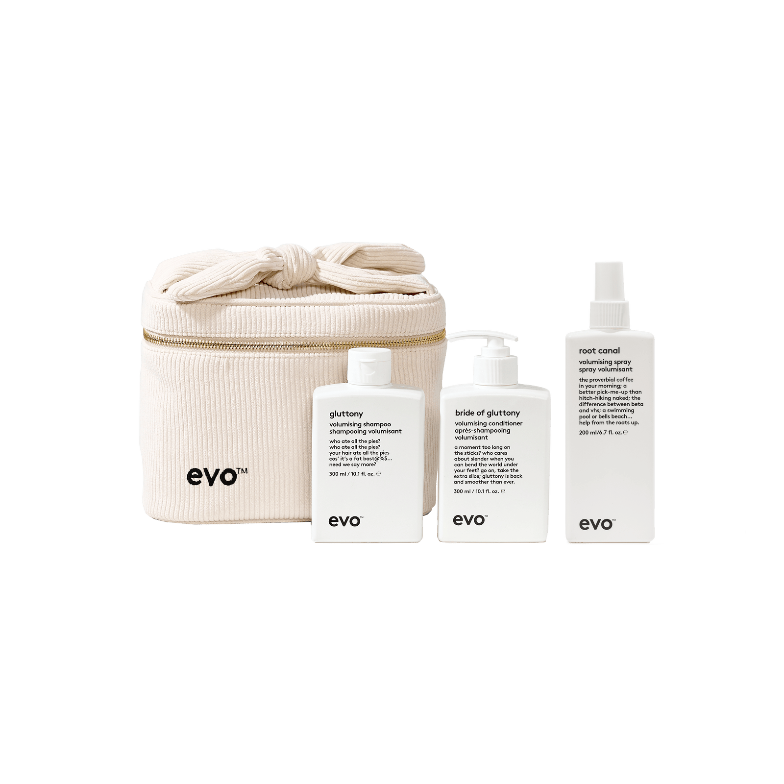 EVO The Vanity Volume Holiday 2026 gift set — Gluttony Volumising Shampoo, Bride of Gluttony Conditioner and Root Canal Volumising Spray