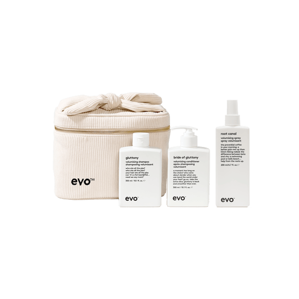 EVO The Vanity Volume Holiday 2026 gift set — Gluttony Volumising Shampoo, Bride of Gluttony Conditioner and Root Canal Volumising Spray
