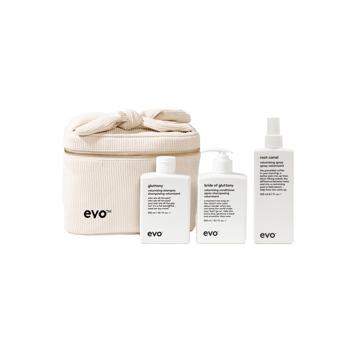EVO The Vanity Volume Holiday 2026 gift set — Gluttony Volumising Shampoo, Bride of Gluttony Conditioner and Root Canal Volumising Spray