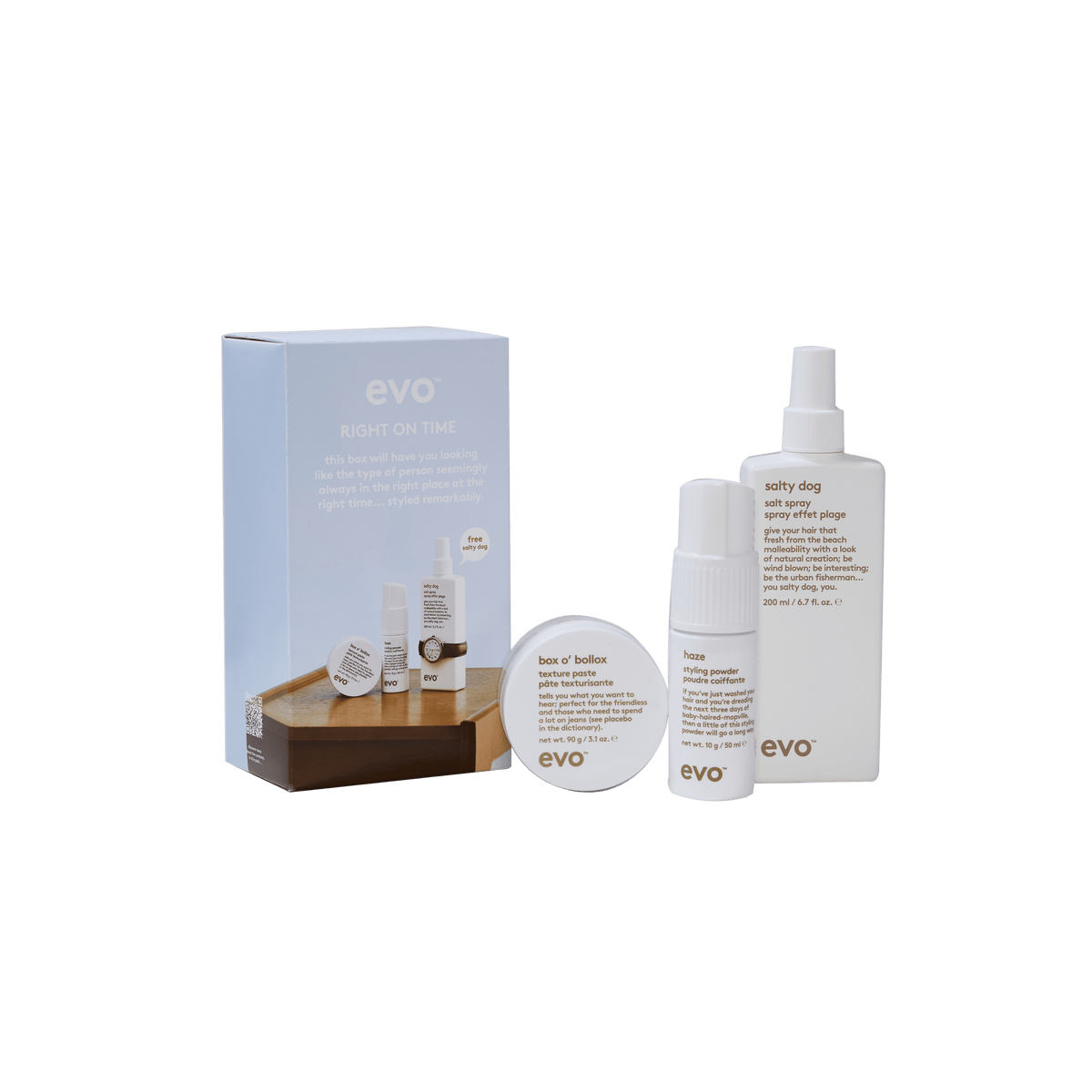 EVO Right On Time Holiday 2026 gift set — Box O' Bollox Texture Paste, Haze Styling Powder Spray and Salty Dog Salt Spray