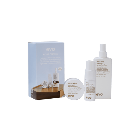 EVO Right On Time Holiday 2026 gift set — Box O' Bollox Texture Paste, Haze Styling Powder Spray and Salty Dog Salt Spray