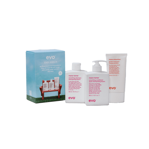 EVO Easy Does It Holiday 2026 gift set — Mane Tamer Smoothing Shampoo, Conditioner and Mane Attention Protein Treatment