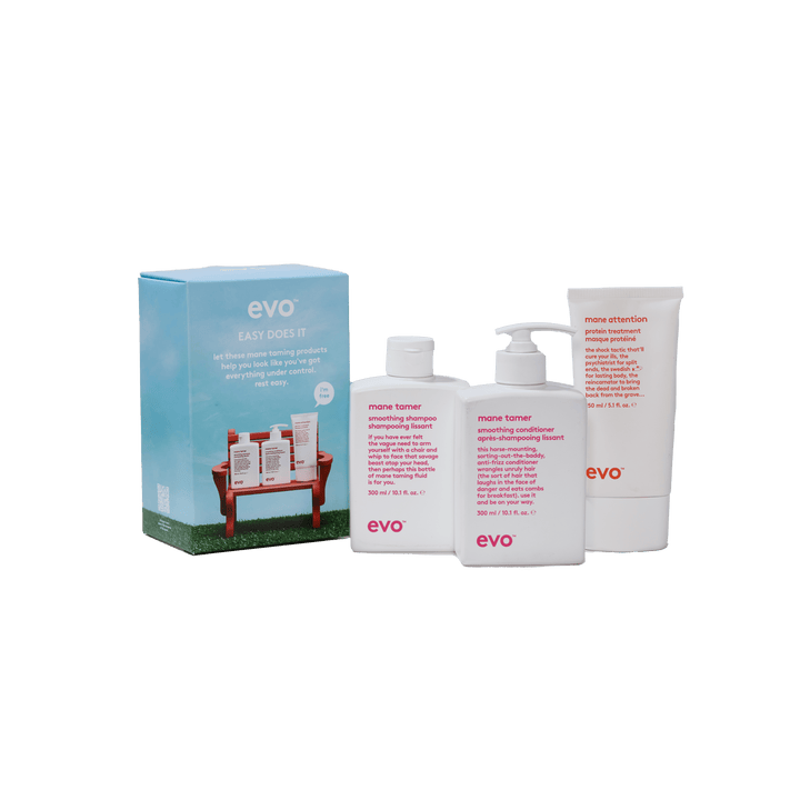 EVO Easy Does It Holiday 2026 gift set — Mane Tamer Smoothing Shampoo, Conditioner and Mane Attention Protein Treatment