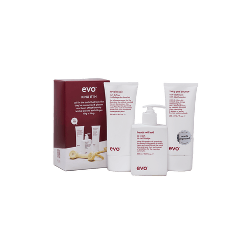 EVO Ring It In Holiday 2026 gift set — Heads Will Roll Cleansing Conditioner, Baby Got Bounce Curl Treatment and Total Recoil Curl Definer