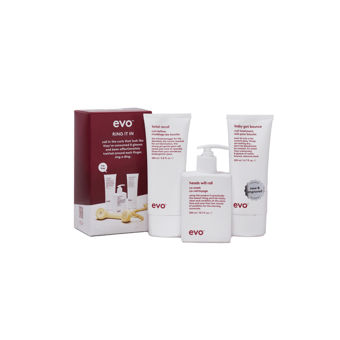 EVO Ring It In Holiday 2026 gift set — Heads Will Roll Cleansing Conditioner, Baby Got Bounce Curl Treatment and Total Recoil Curl Definer
