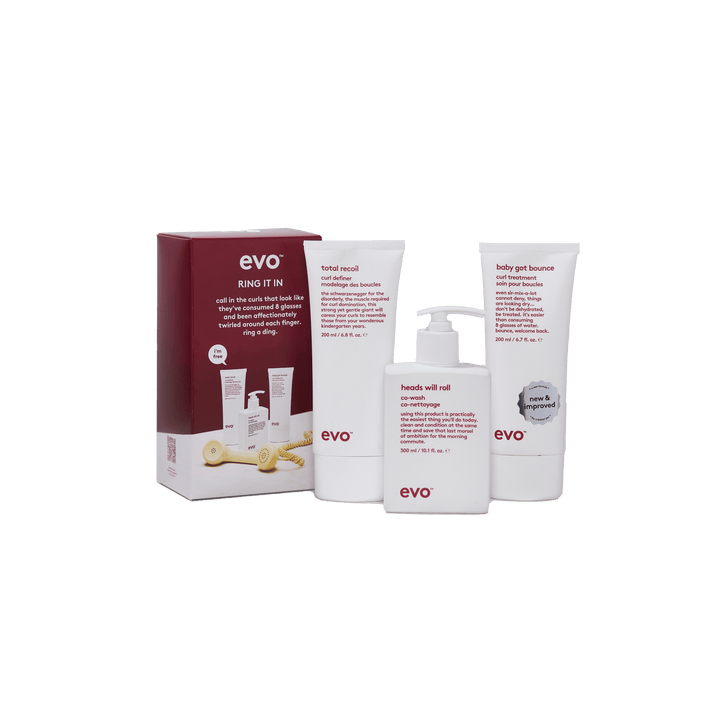 EVO Ring It In Holiday 2026 gift set — Heads Will Roll Cleansing Conditioner, Baby Got Bounce Curl Treatment and Total Recoil Curl Definer