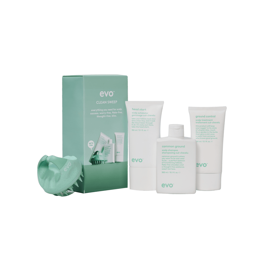 EVO Clean Sweep Holiday 2026 gift set — Common Ground Scalp Shampoo, Ground Control Scalp Treatment, Head Start Scalp Exfoliator and scalp scrubber