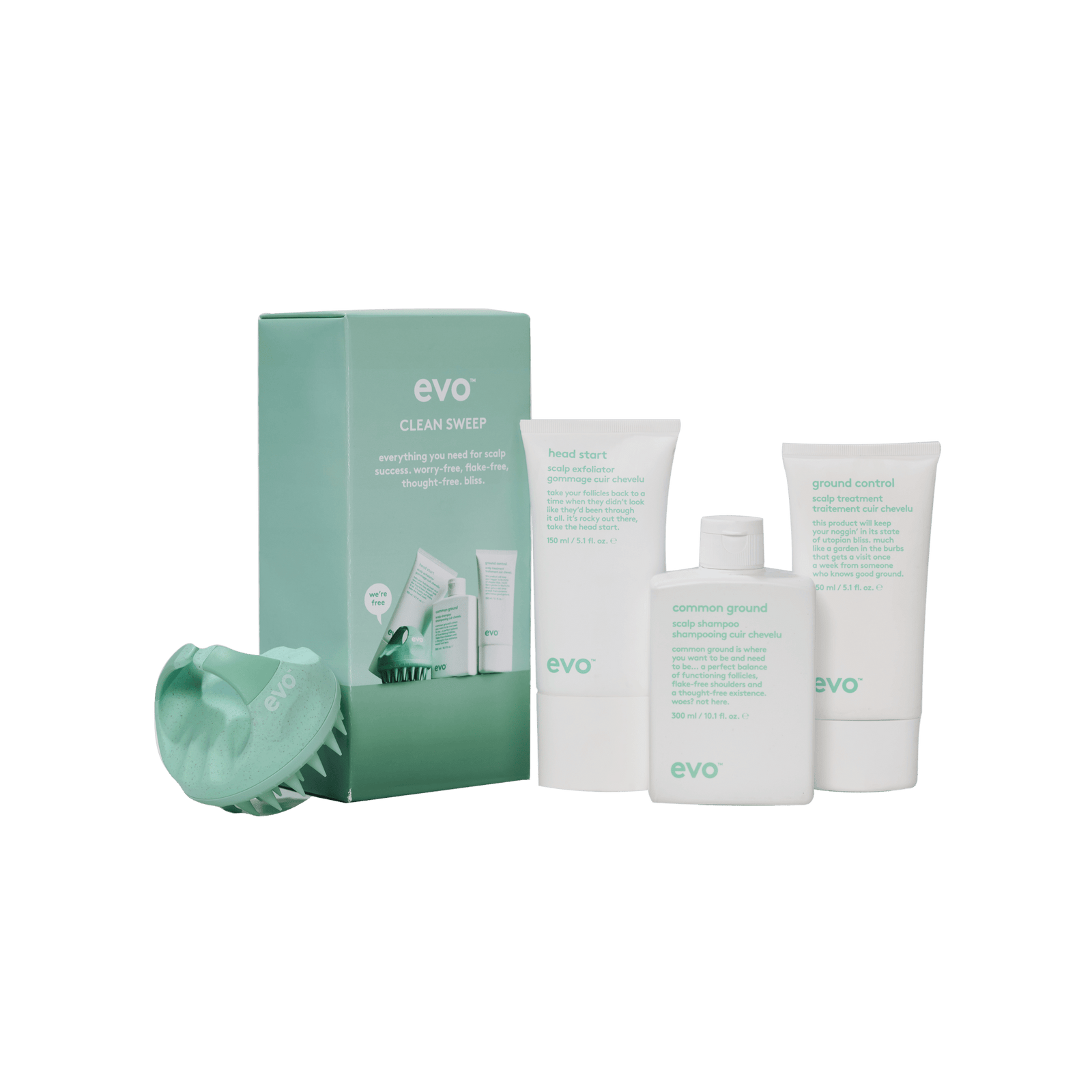 EVO Clean Sweep Holiday 2026 gift set — Common Ground Scalp Shampoo, Ground Control Scalp Treatment, Head Start Scalp Exfoliator and scalp scrubber