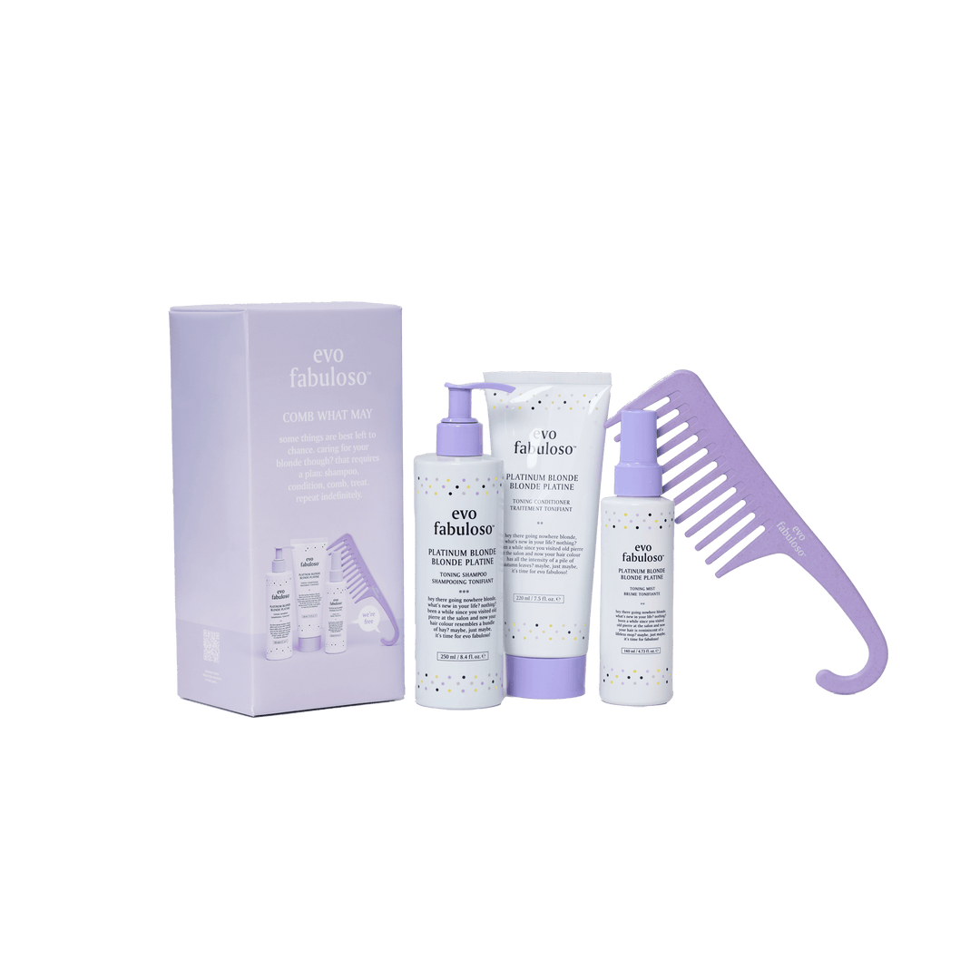 EVO Comb What May Holiday 2026 gift set — Fabuloso Platinum Blonde Toning Shampoo, Conditioner, Mist and shower comb