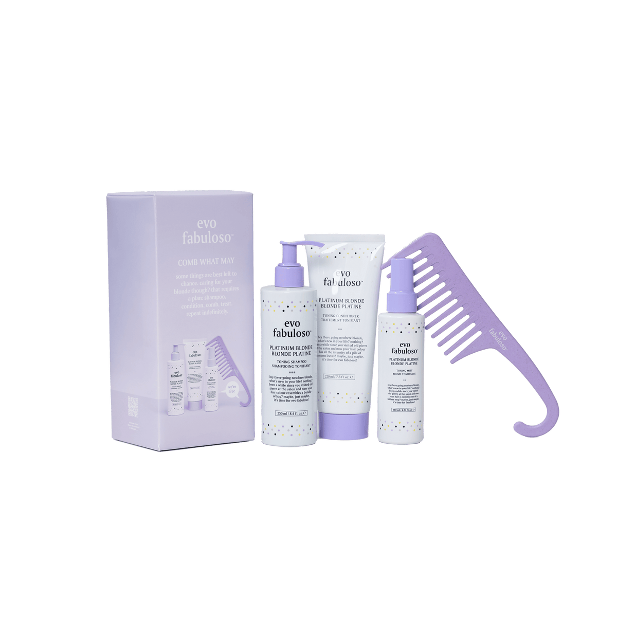 EVO Comb What May Holiday 2026 gift set — Fabuloso Platinum Blonde Toning Shampoo, Conditioner, Mist and shower comb