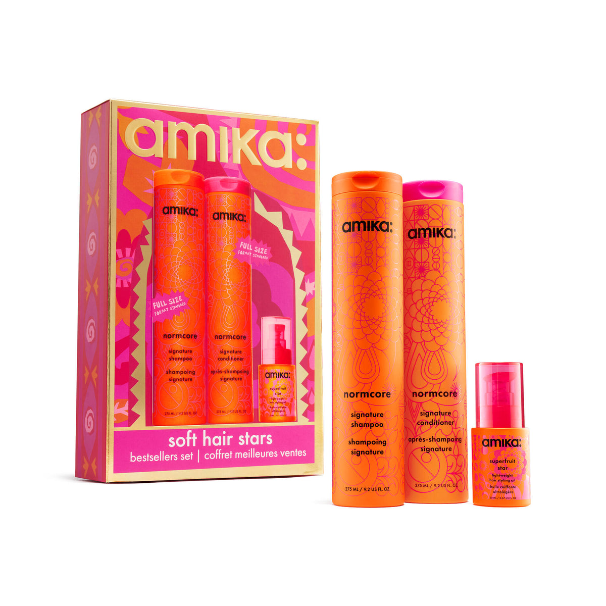Amika Soft Hair Stars Holiday 2026 gift set — Normcore Signature Shampoo, Conditioner and Superfruit Star Hair Oil mini