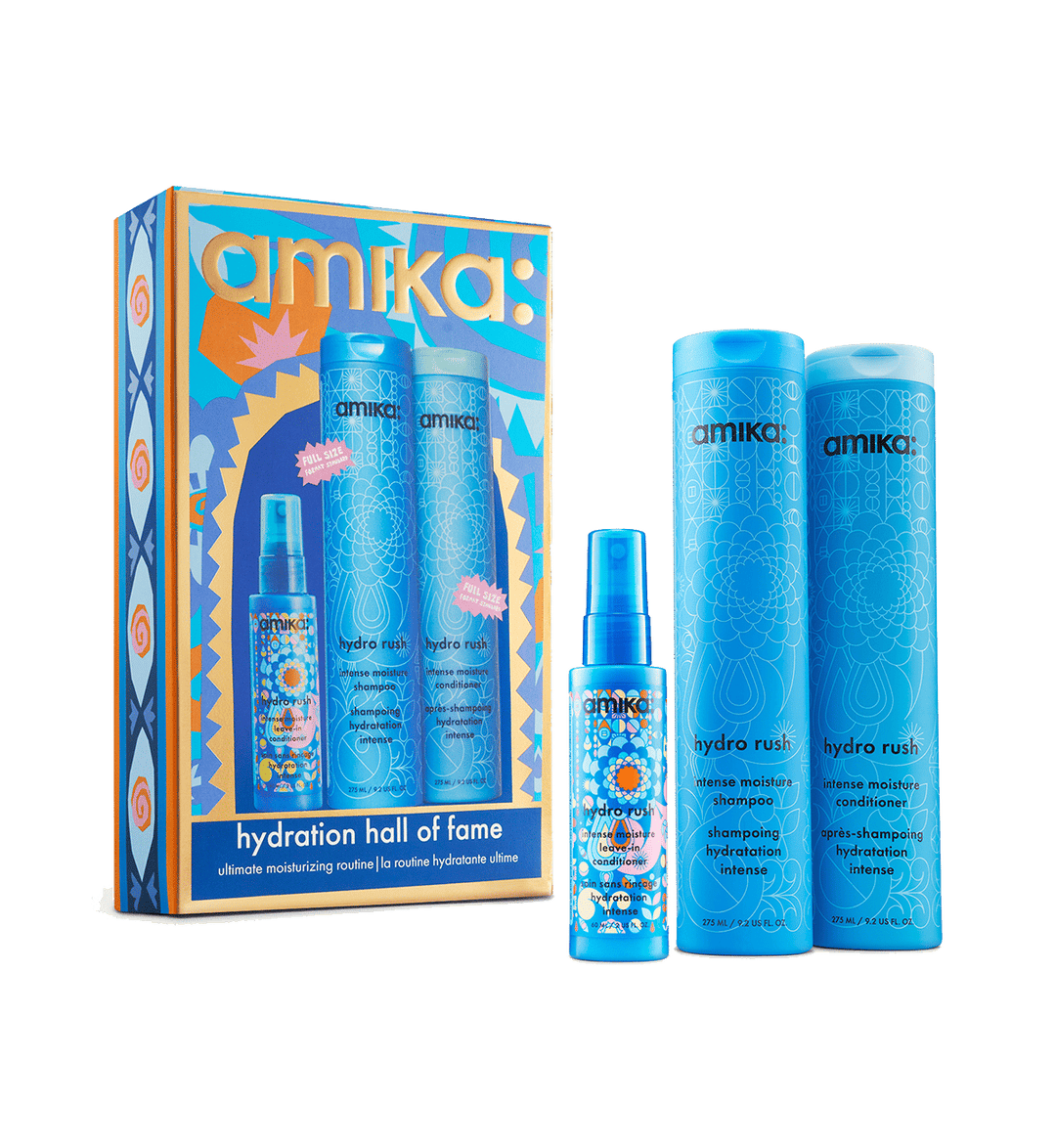 Amika Hydration Hall of Fame Holiday 2026 gift set — Hydro Rush Intense Moisture Shampoo, Conditioner and Leave-In Conditioner