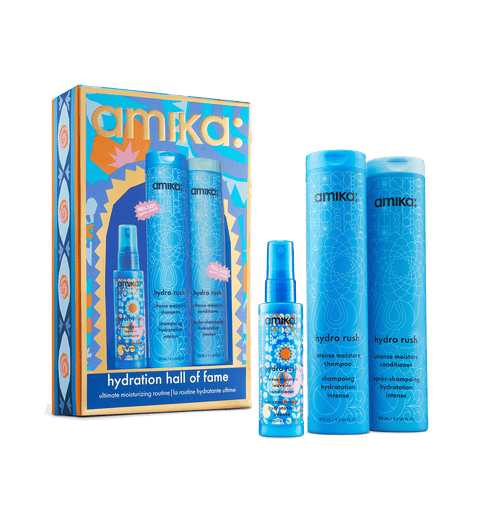Amika Hydration Hall of Fame Holiday 2026 gift set — Hydro Rush Intense Moisture Shampoo, Conditioner and Leave-In Conditioner