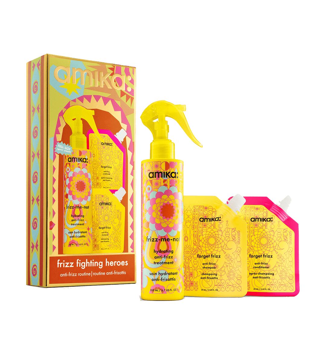 Amika Frizz Fighting Heros Holiday 2026 gift set — Forget Frizz Shampoo, Forget Frizz Conditioner and Frizz-Me-Not Anti-Frizz Treatment