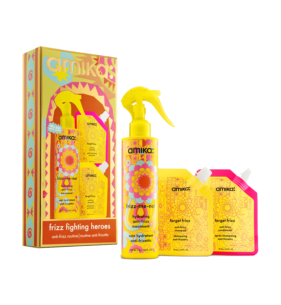 Amika Frizz Fighting Heros Holiday 2026 gift set — Forget Frizz Shampoo, Forget Frizz Conditioner and Frizz-Me-Not Anti-Frizz Treatment