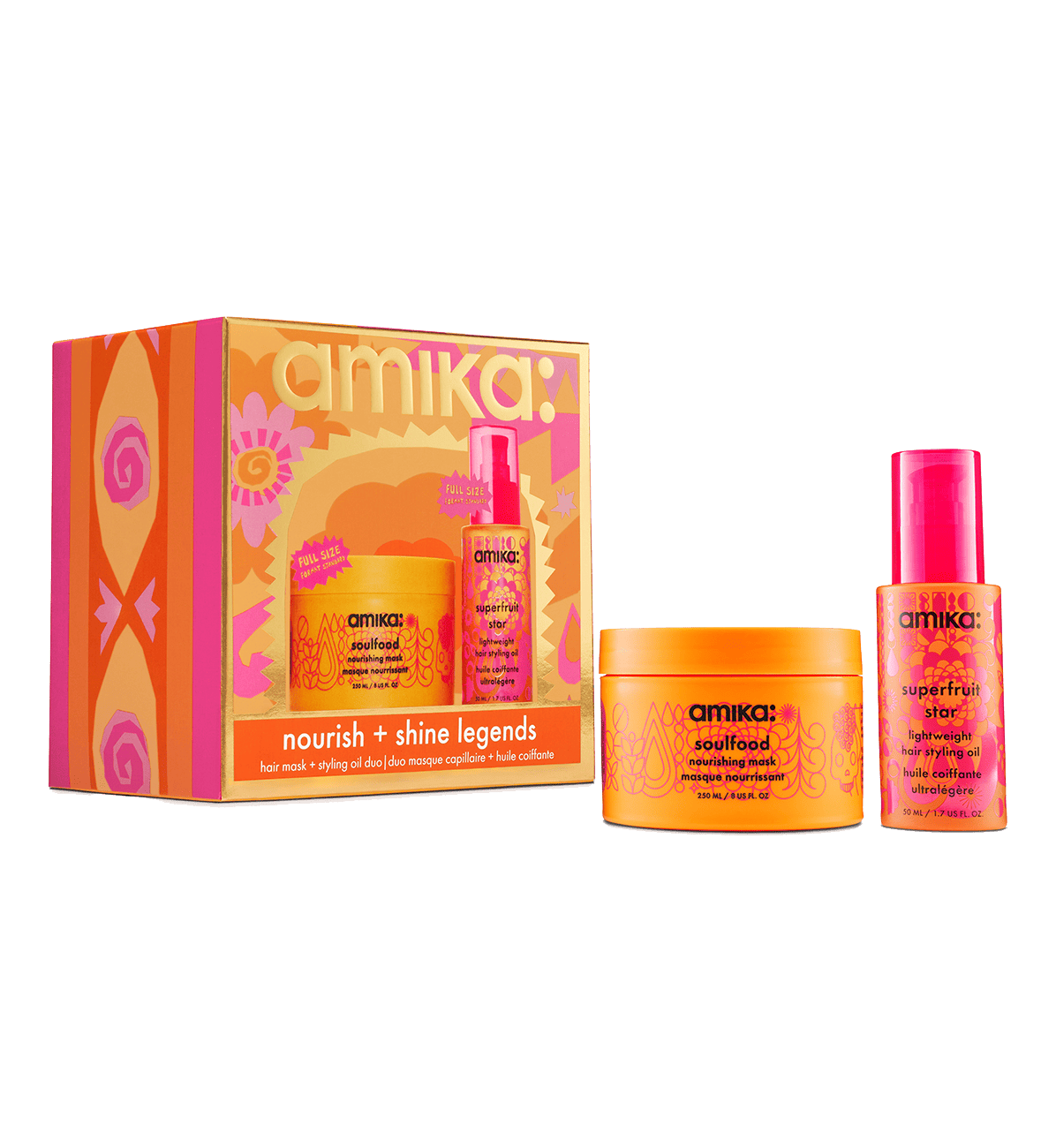 Amika Nourish + Shine Legends Holiday 2026 gift set — Soulfood Nourishing Mask 250 ml and Superfruit Star Hair Oil 50 ml