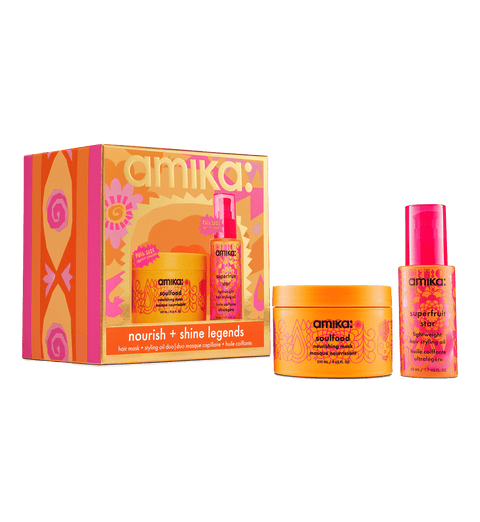 Amika Nourish + Shine Legends Holiday 2026 gift set — Soulfood Nourishing Mask 250 ml and Superfruit Star Hair Oil 50 ml
