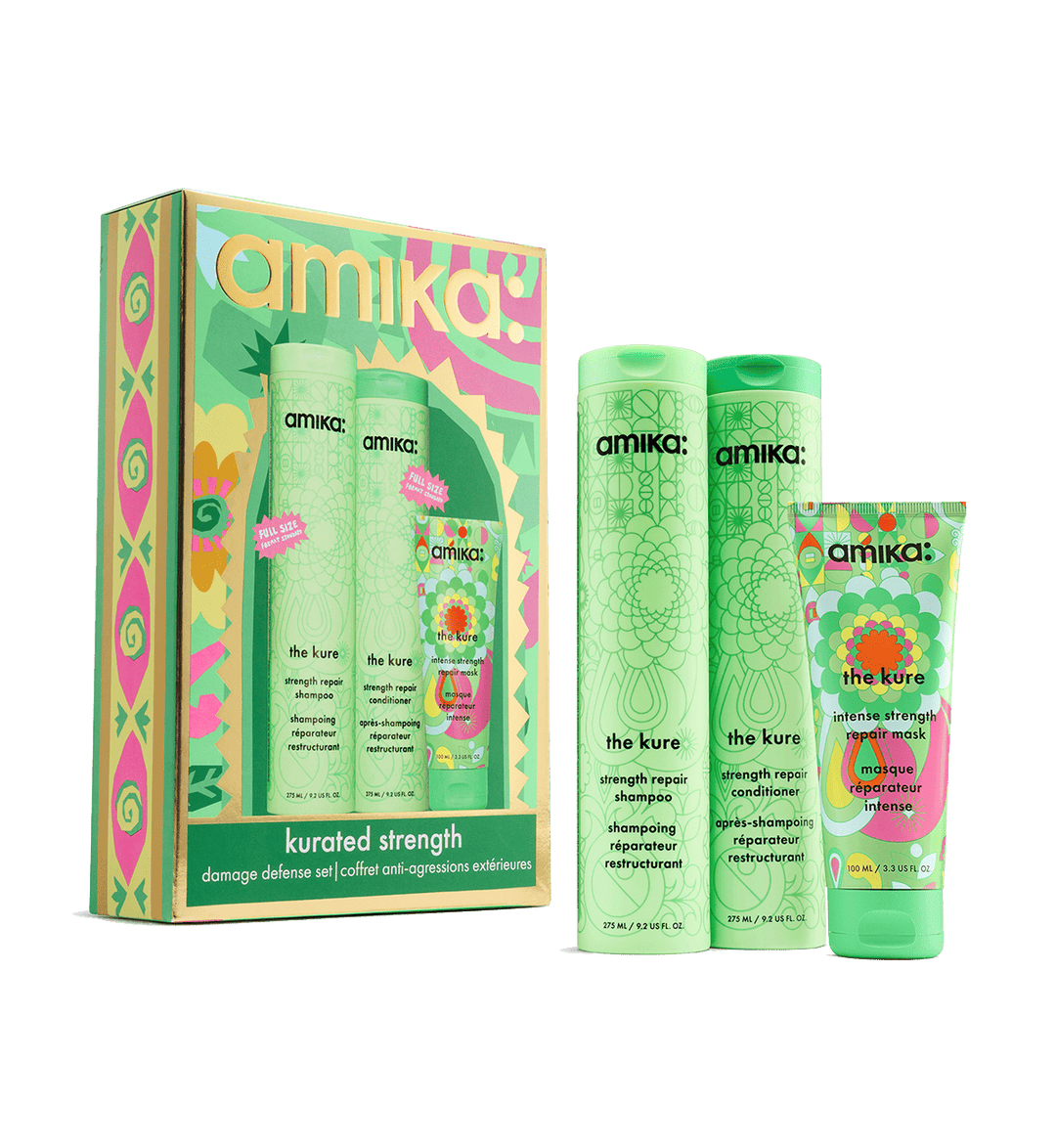 Amika Kurated Strength Holiday 2026 gift set — The Kure Bond Repair Shampoo, Conditioner and Intense Repair Mask