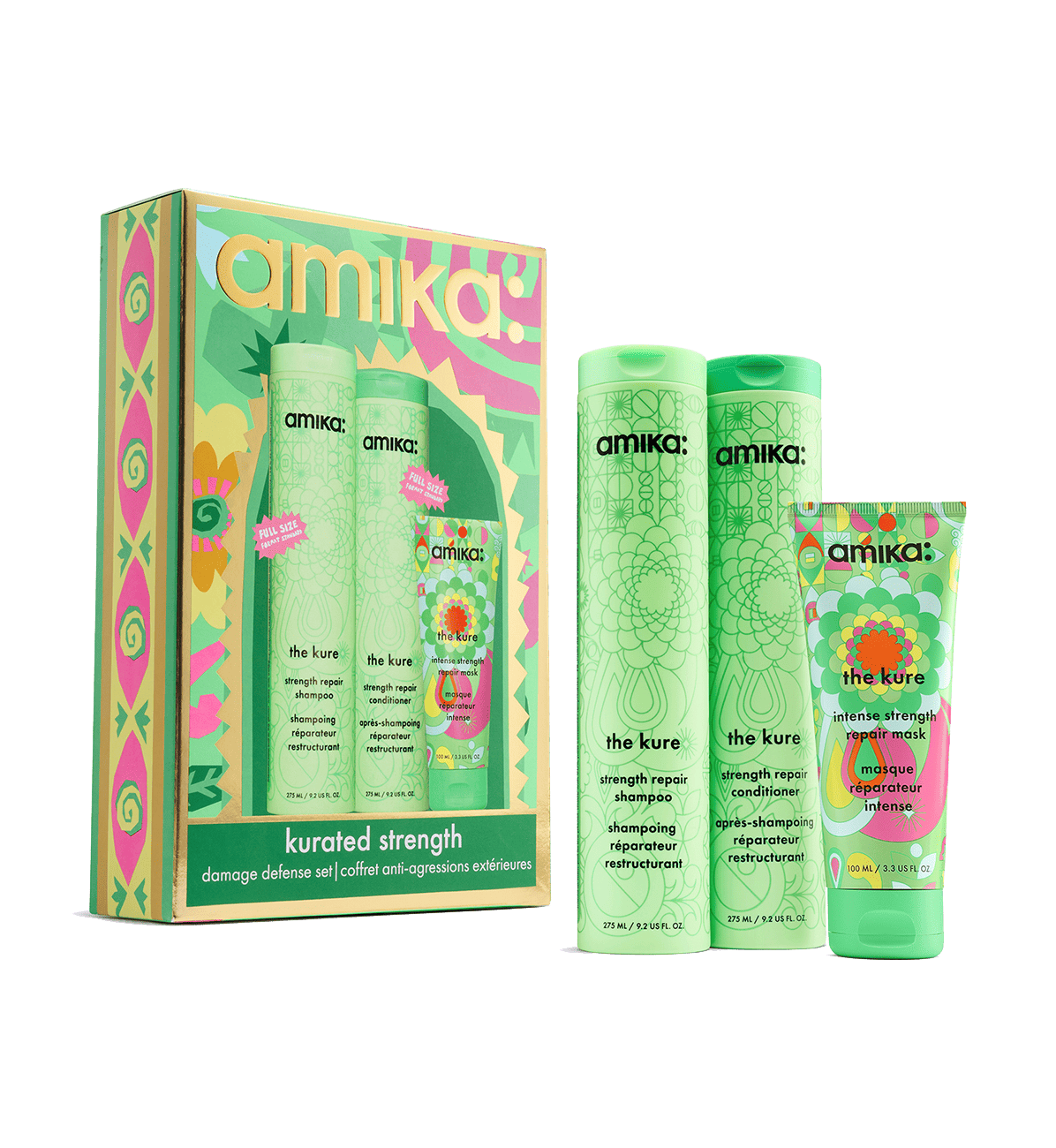 Amika Kurated Strength Holiday 2026 gift set — The Kure Bond Repair Shampoo, Conditioner and Intense Repair Mask