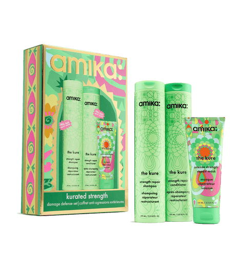 Amika Kurated Strength Holiday 2026 gift set — The Kure Bond Repair Shampoo, Conditioner and Intense Repair Mask