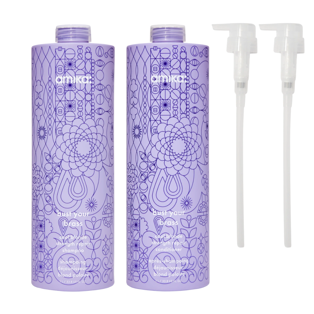 Amika Bust Your Brass 1000ml Duo | Cool Blonde Shampoo + Conditioner at Moda Salon
