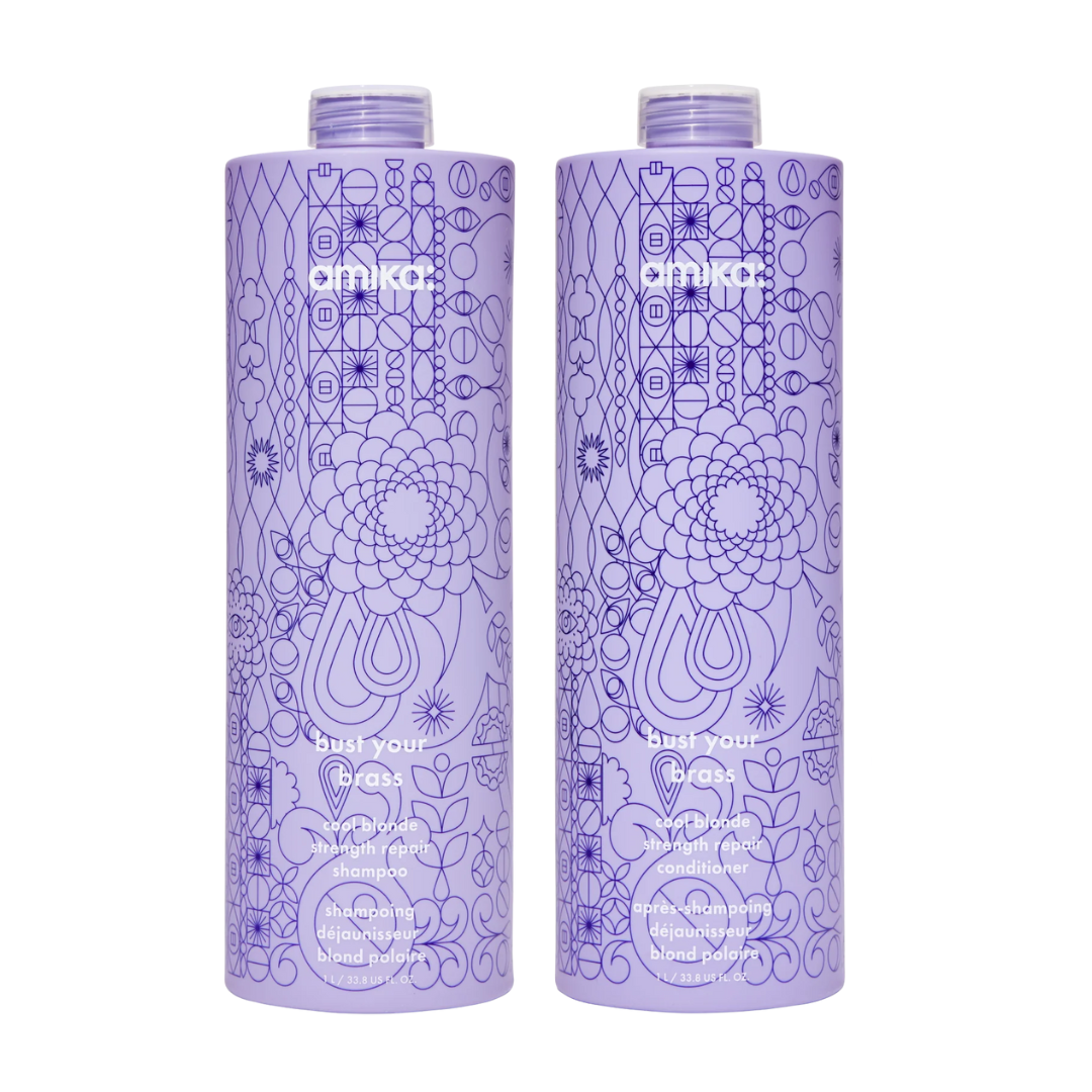 Amika Bust Your Brass 1000ml Duo | Cool Blonde Shampoo + Conditioner at Moda Salon