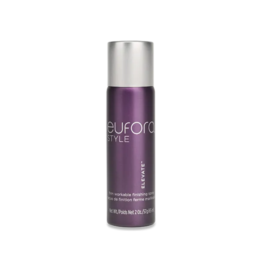 A travel-sized Eufora Elevate Finishing Spray bottle with a purple label and silver cap.