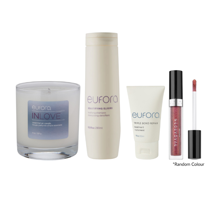 Collection of Eufora hair care products including a candle, shampoo, conditioner, and lip gloss on a white background.