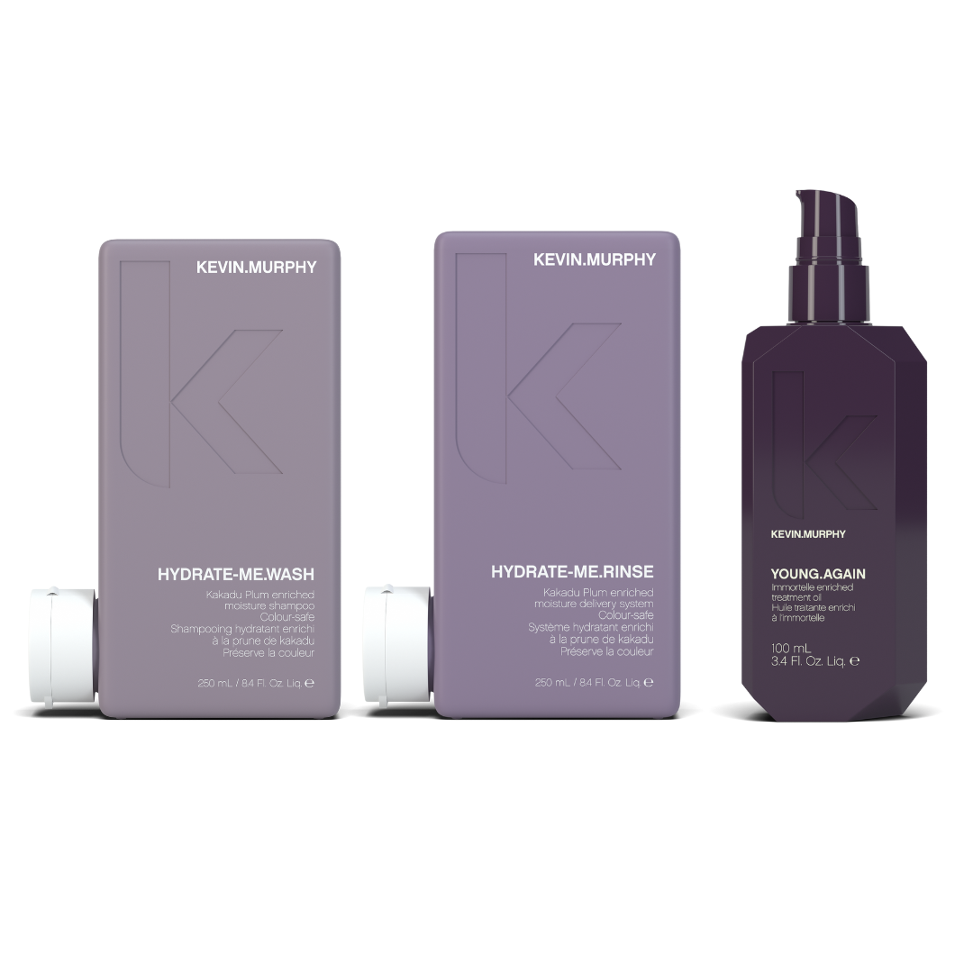 Kevin Murphy Hydrate Me Wash + Rinse + Young Again Oil Trio | Moisture + Shine System for Dry Hair