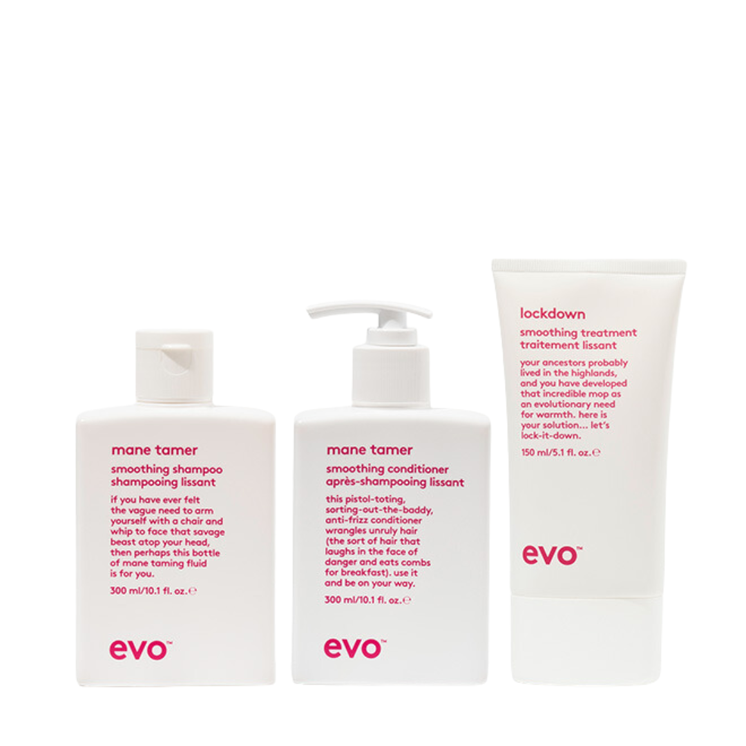 EVO Easy Does It Set | Mane Tamer Smoothing Shampoo, Conditioner + Mane Attention Protein Treatment