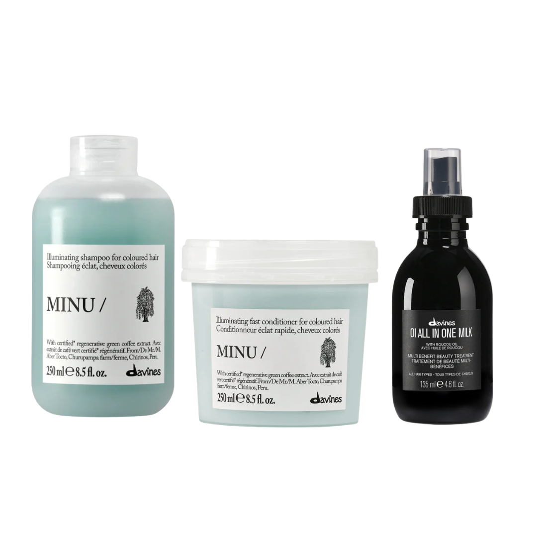Davines MINU Illuminating Color Care Bundle | Shampoo, Conditioner & Hair Milk for Colour-Treated Hair