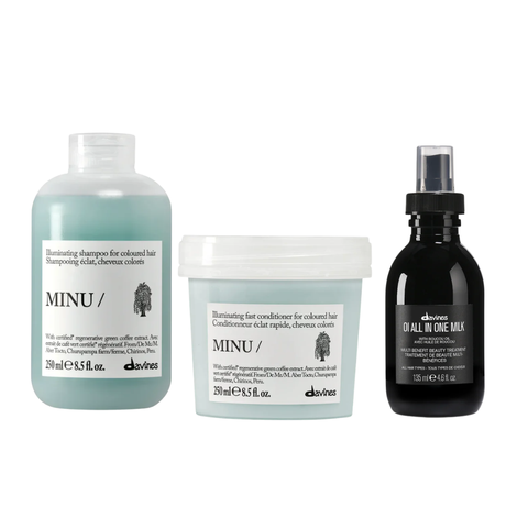 Davines MINU Illuminating Color Care Bundle | Shampoo, Conditioner & Hair Milk for Colour-Treated Hair