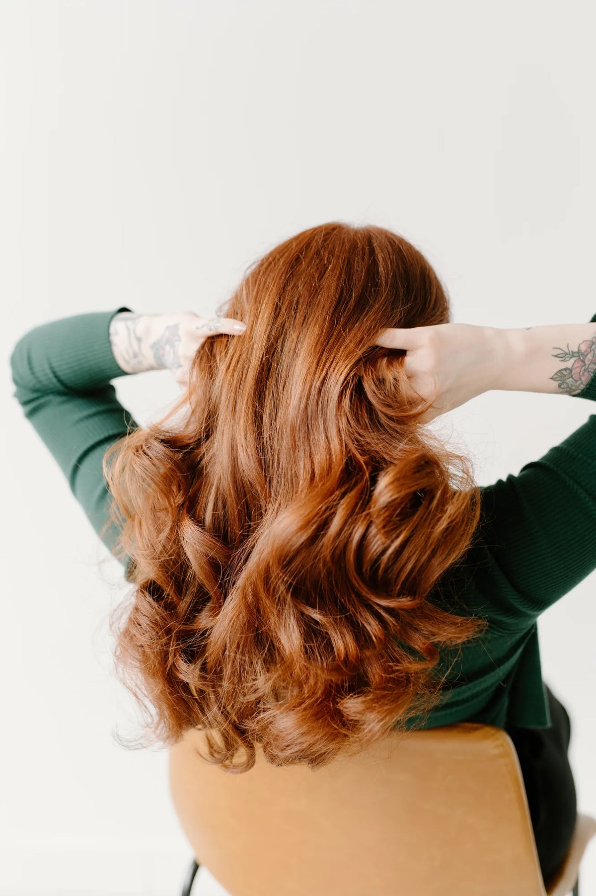 Moda Salon red hair waves, back view