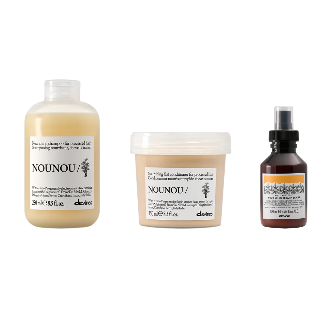 Davines Nounou Care Set | NOUNOU Shampoo, Conditioner and Keratin Sealer Bundle for Processed Hair